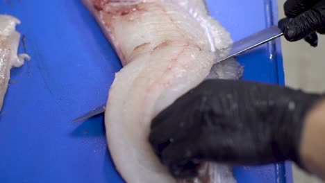 chef hands with black gloves skinning fish fillet with a sharp knife on a blue cutting board