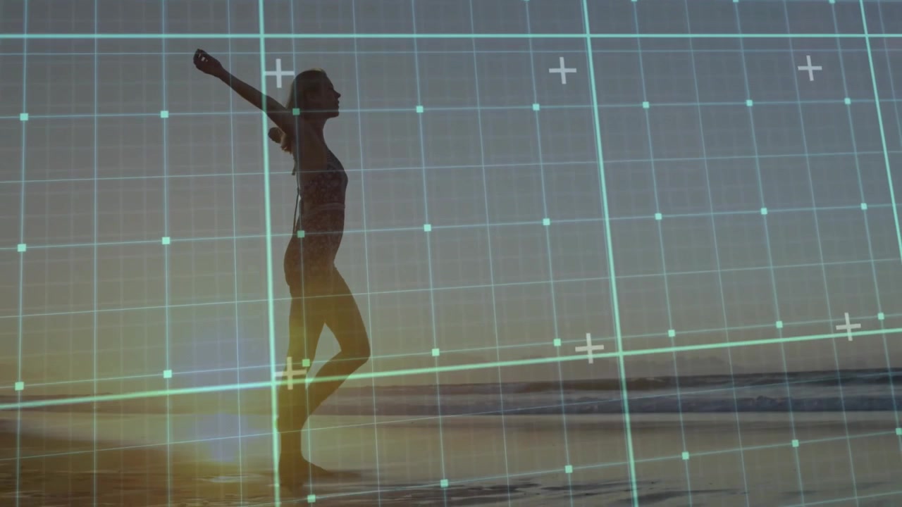 Technology grid scrolling scanning silhouette woman stepping forward raising arms shoreline sunrise