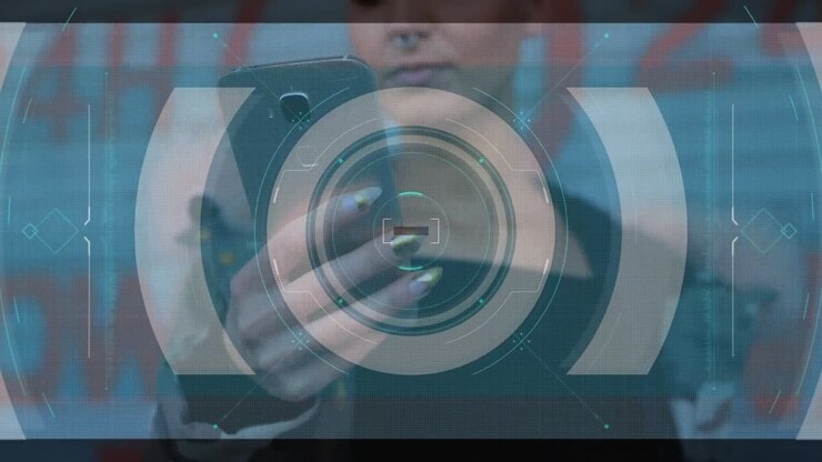 Animation of scope scanning and data processing over woman using smartphone