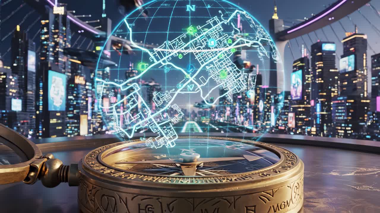 Futuristic Cityscape with Holographic Map and Compass