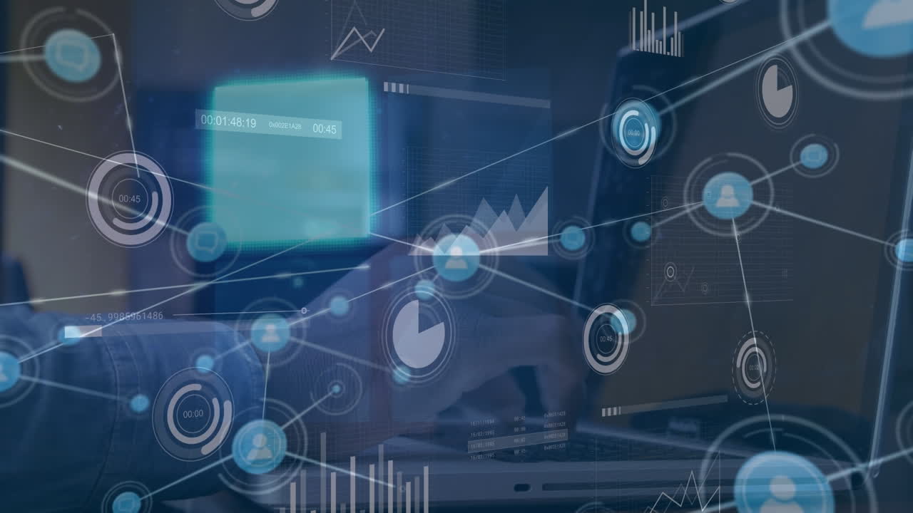 프로필 아이콘의 애니메이션, 사무실에서 노트북으로 일하는 백인 사업가에 대한 그래프 데이터