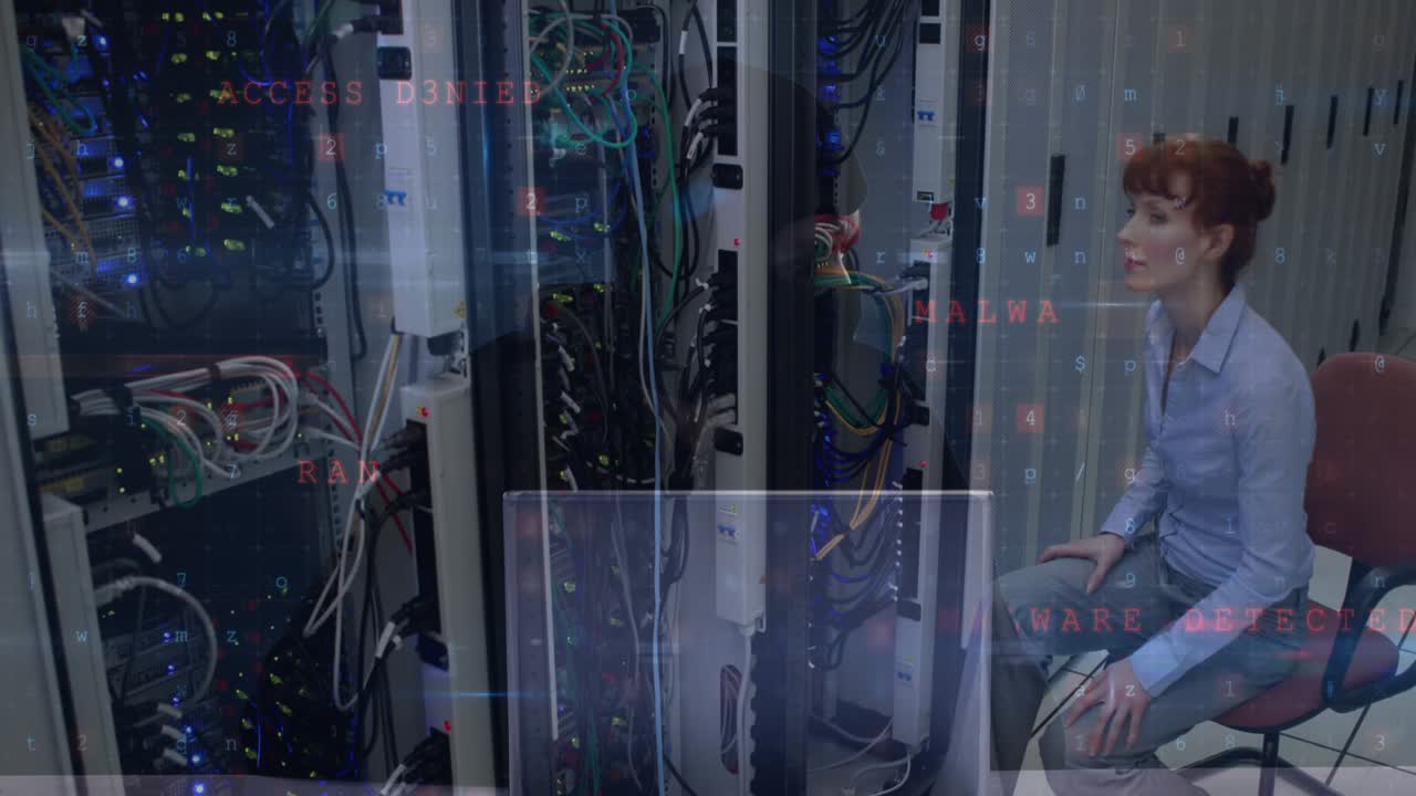 Animation of warning text, data processing over computer servers and caucasian female it engineer