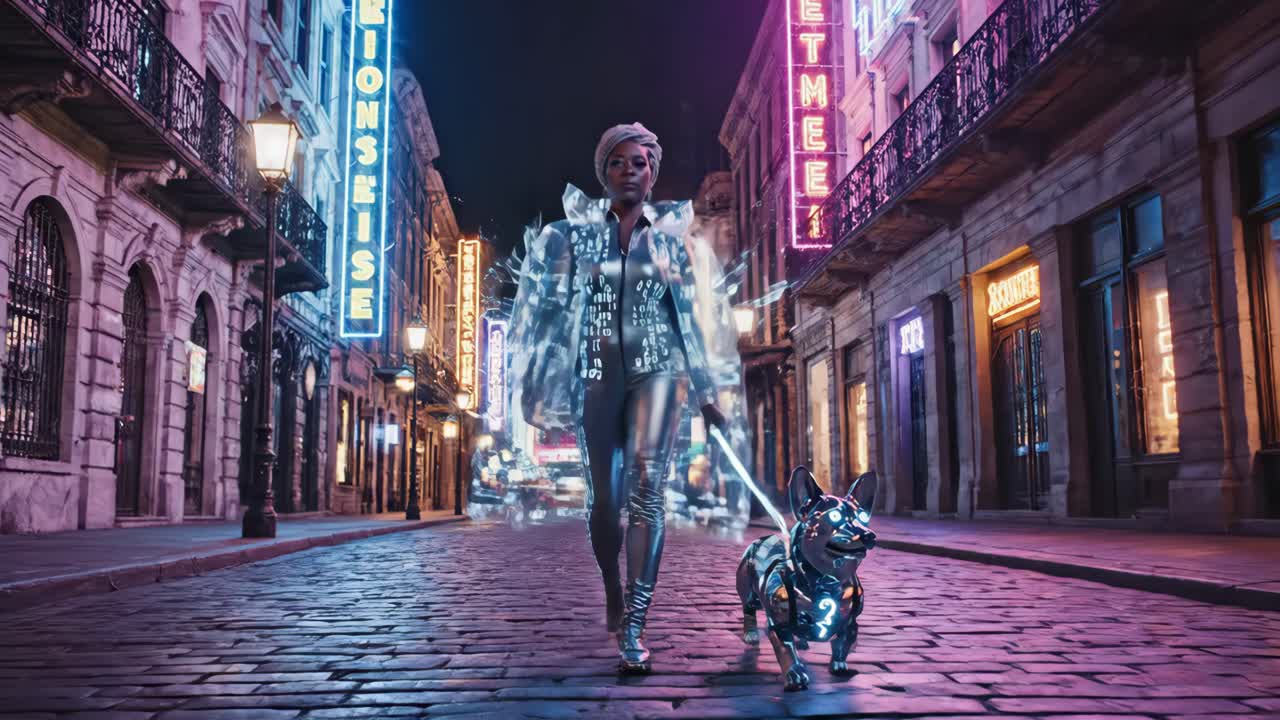 A futuristic woman walking a robot dog in a cyberpunk city at night