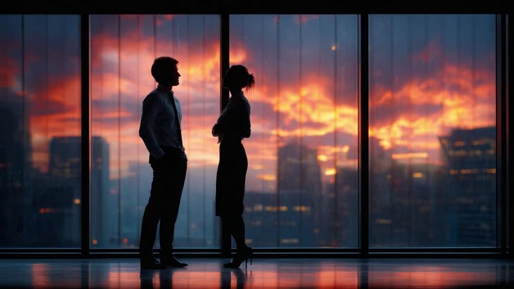 Una silhouette affascinante di due persone che chiacchierano con uno sfondo mozzafiato al tramonto