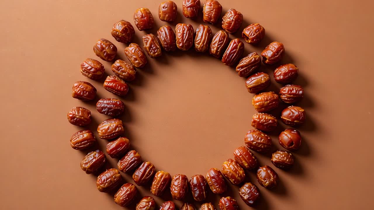 Camera zooming concentric rings of dried dates revealing texture on tan-brown tabletop, soft light