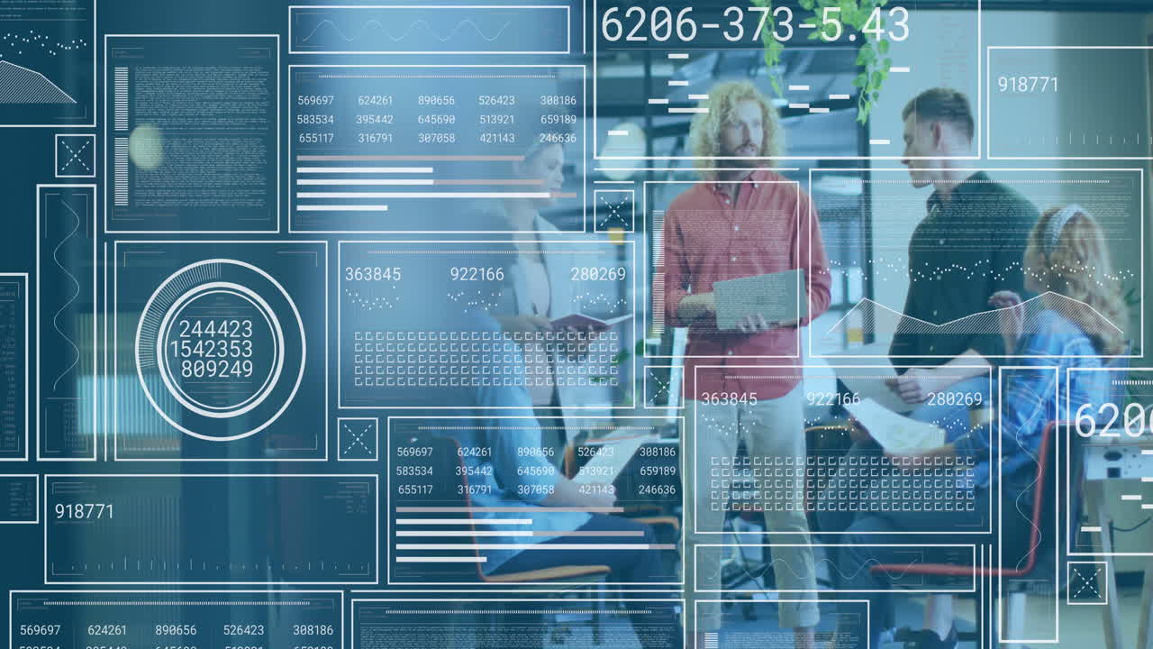 Animation of hud screens with numbers and graphs over diverse man with laptop discussing with team