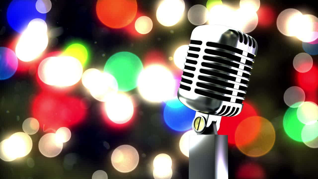 검은 바탕에 빛의 다채로운 반점에 대한 레트로 금속 마이크로폰