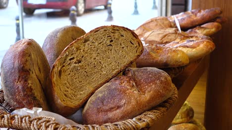 freshly baked bread displayed in a bakery