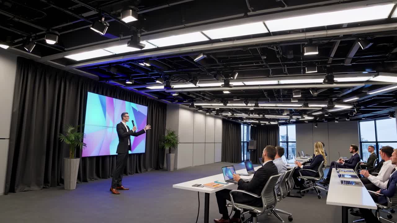 Wide-angle shot of a modern conference room with a presenter on stage and audience seated