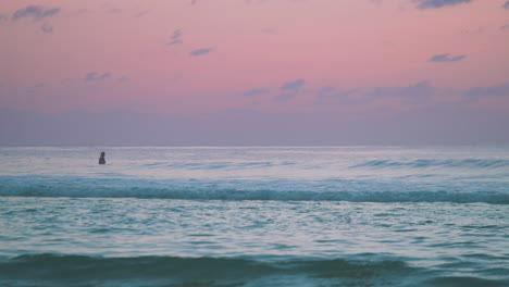 a striking pink and blue ocean sunset with one single person in the water