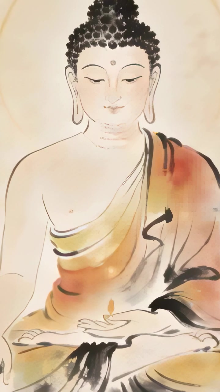 Video verticale: Zoom su un Buddha dipinto in veste color zafferano che tiene una fiamma su una pergamena, con un'aureola che enfatizza la calma.