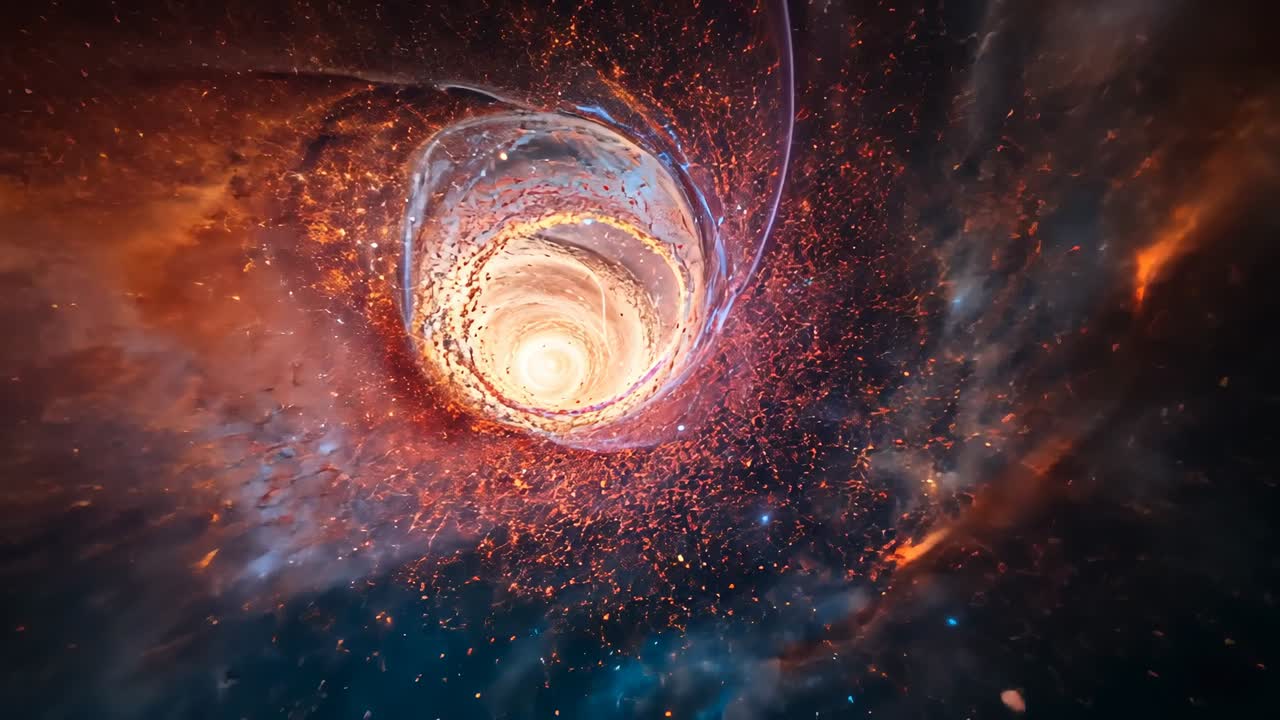 Reacting to core intensifying glowing spiral vortex pulling toward viewer in space streaming embers