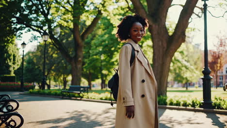 young woman in a trench coat enjoying a sunny park stroll