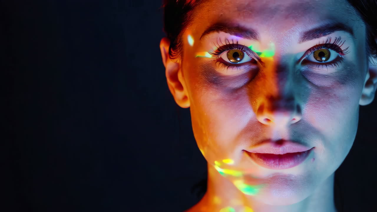 Close-up portrait of a woman in a dark setting with blue light