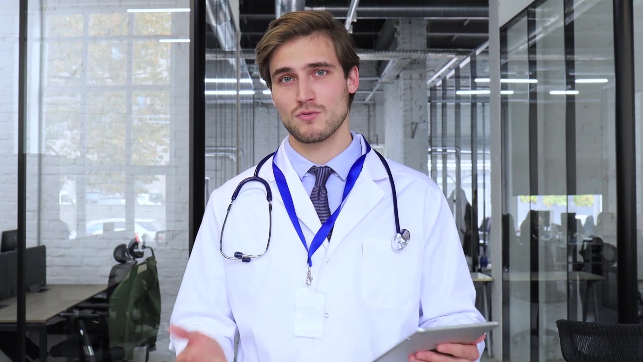 Beyaz Önlüklü, Tabletli ve Kameraya Konuşan Kendine Güvenen Doktor