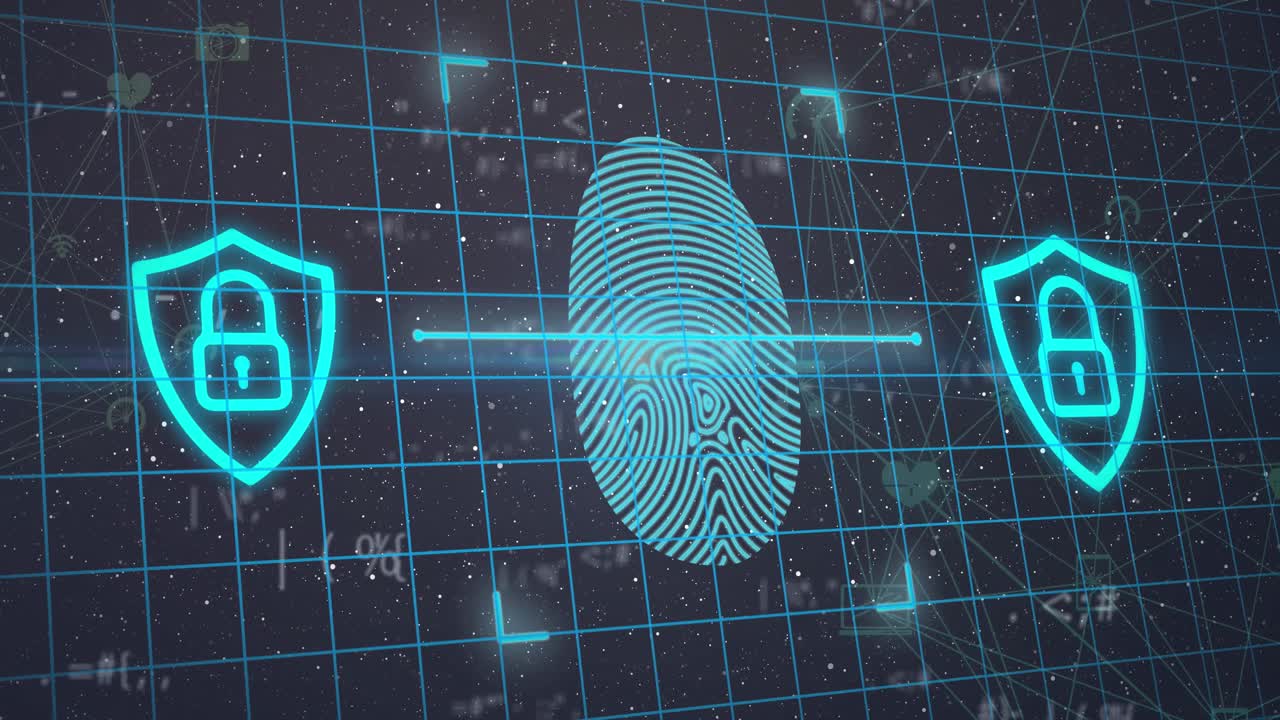 Animation of fingerprint, padlock in shield over dots forming globe shapes against galaxy