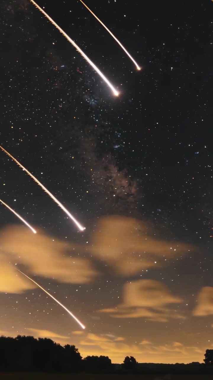 Vertikal video: Lysende meteor viser sig, fragmenterer og skaber et stjerneskud over en mark.