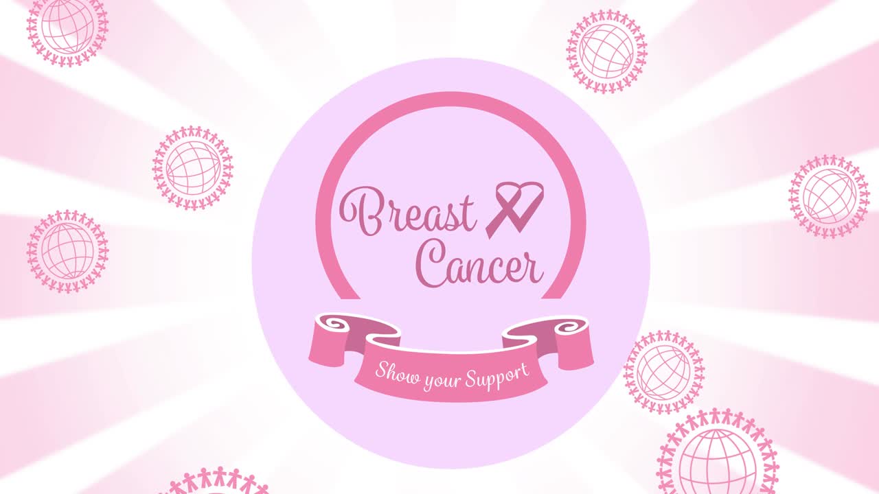 ⁇ 색 배경에 유방암 텍스트 위에 여러 개의 분홍색 지구 로고의 애니메이션