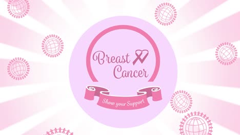 animation of multiple pink globe logo over breast cancer text on white background