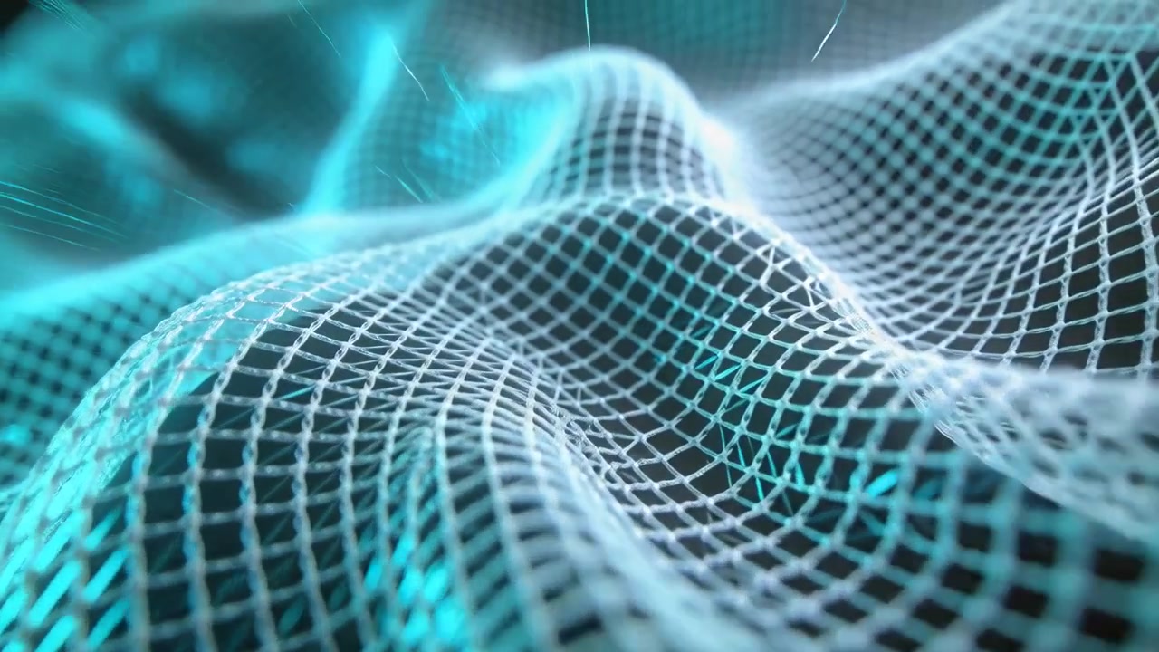 Rippling 3D wireframe mesh driven by simulation moving toward camera in 3D studio with teal glow