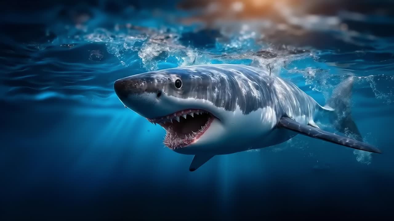 A great white shark swimming in the ocean with its mouth open