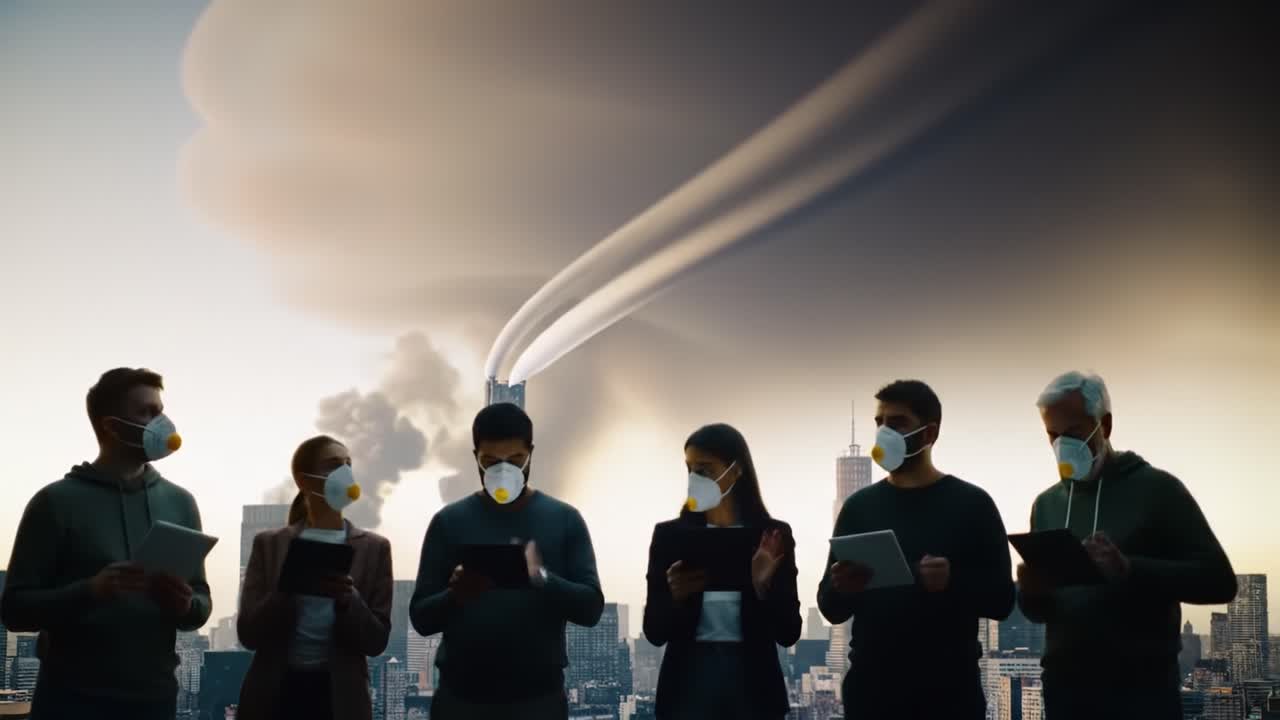 A Group of Six Individuals Wearing Masks Observing an Unusual Atmospheric Phenomenon in a Cityscape with Clouds Twisting Above Skyscrapers