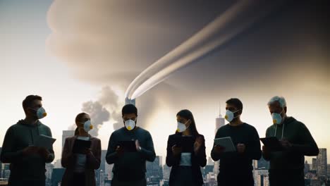 a group of six individuals wearing masks observing an unusual atmospheric phenomenon in a cityscape with clouds twisting above skyscrapers