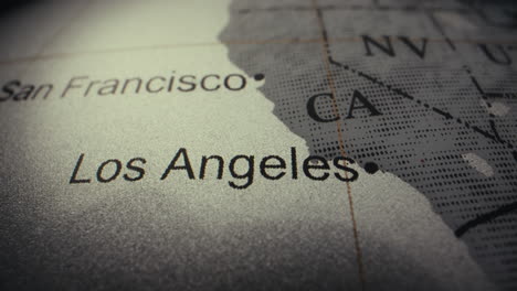 close-up of a world map highlighting los angeles and san francisco
