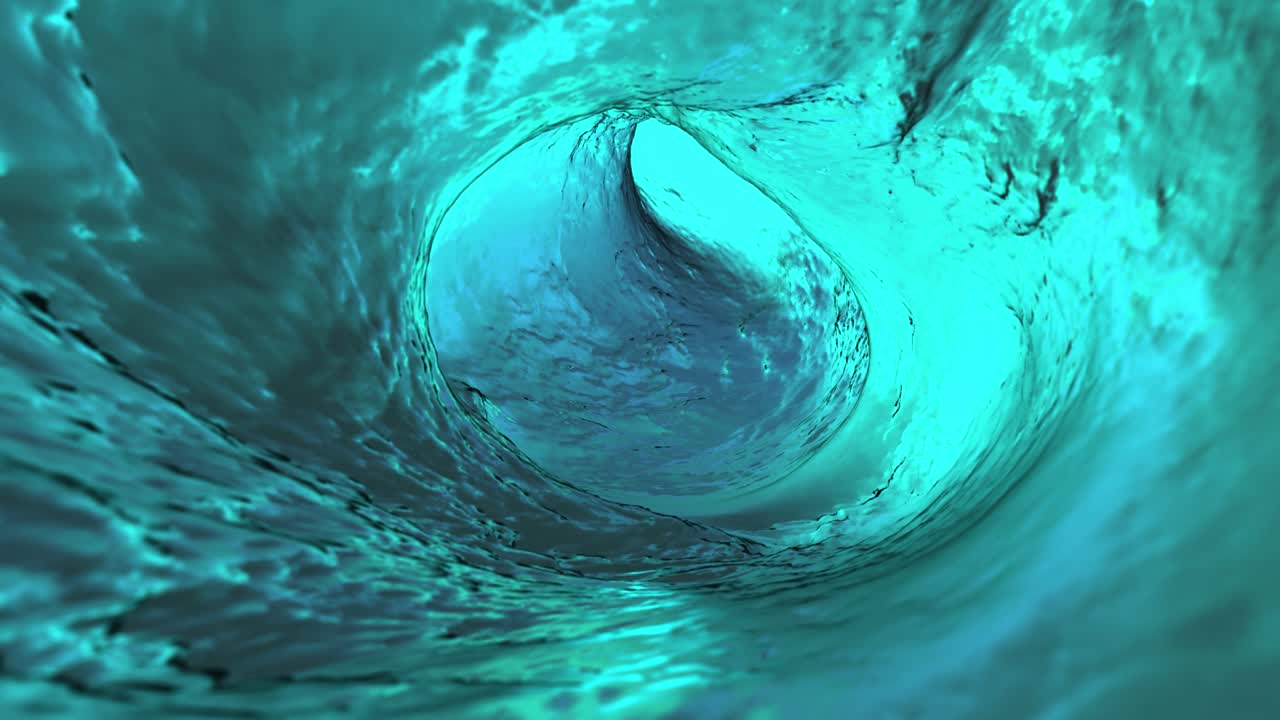 물 터널을 통한 여행: 파이프에 있는 터널에서 물의 느린 흐름, 4k 원형 무결 루프.