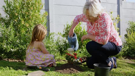 grandmother and granddaughter watering plant in garden