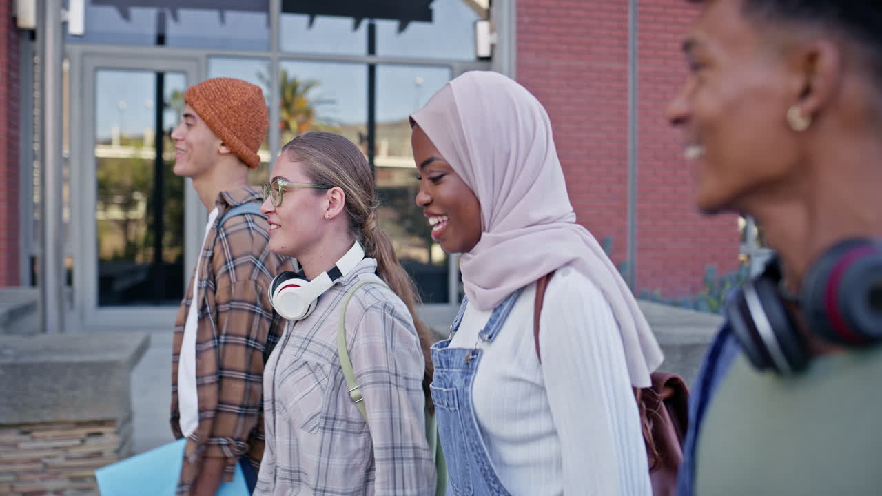 Diverse group of students walking together on campus