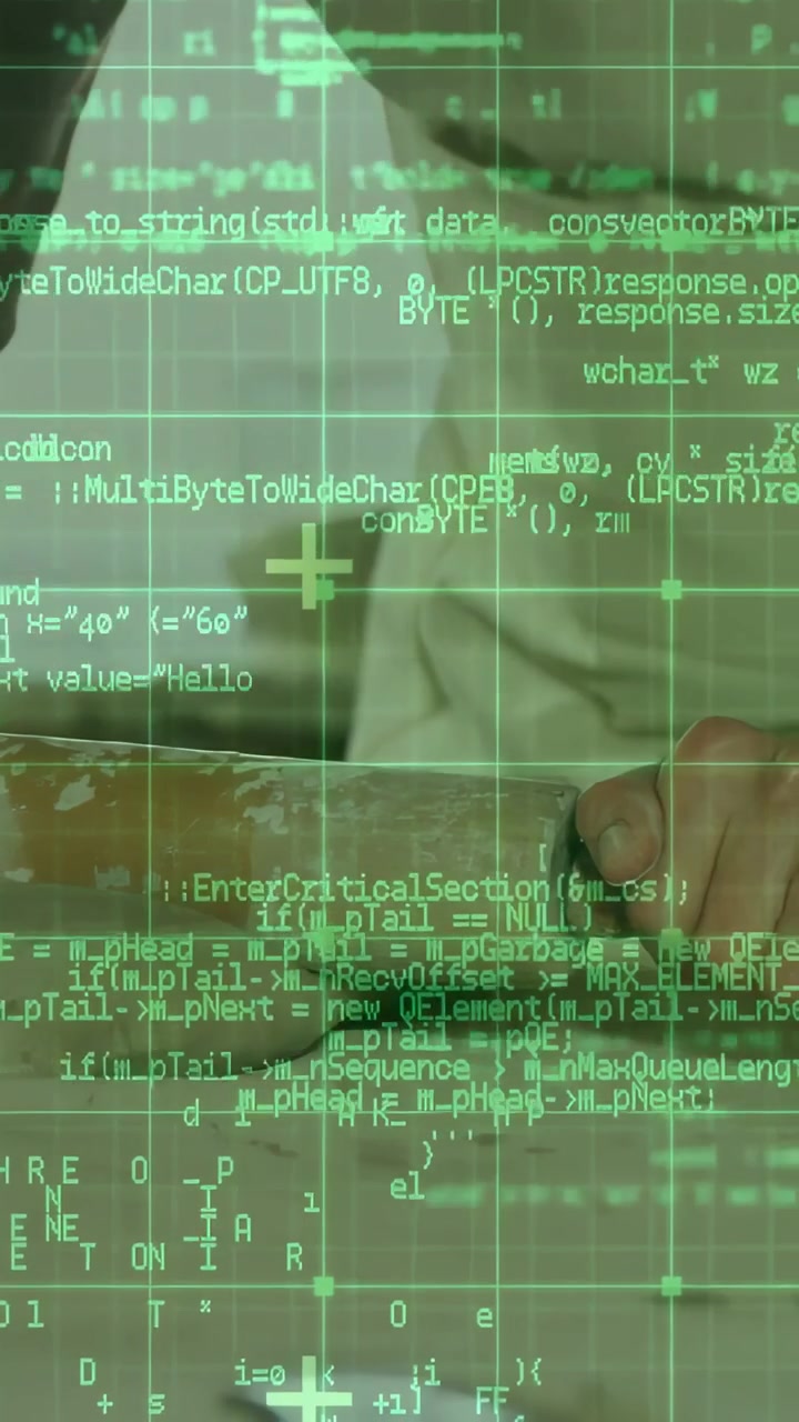 Vertical video: Man placing hands on dough using rolling pin, making pastry, green HUD overlaying