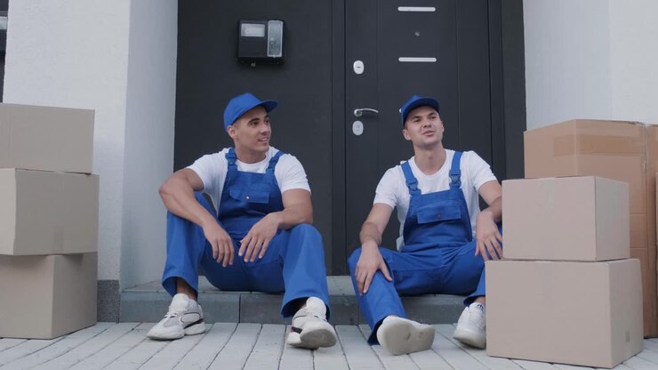Due lavoratori dell'azienda di traslochi fanno una pausa seduti sul gradino