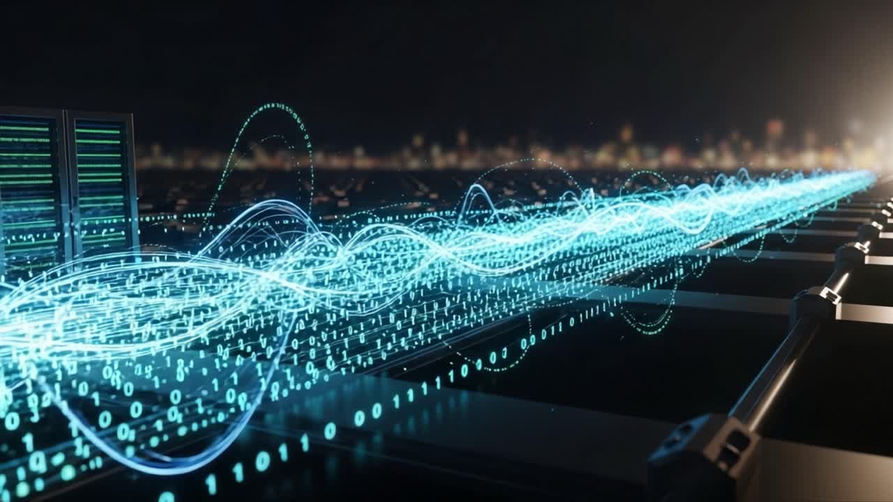 Visualizing Data Transmission: A Stunning Representation of Waves and Binary Code in a Futuristic Digital Landscape