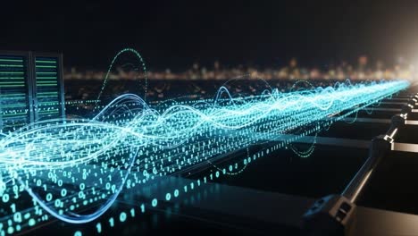 visualizing data transmission: a stunning representation of waves and binary code in a futuristic digital landscape