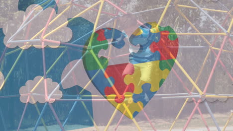 animación de piezas de rompecabezas con icono de corazón sobre un niño caucásico