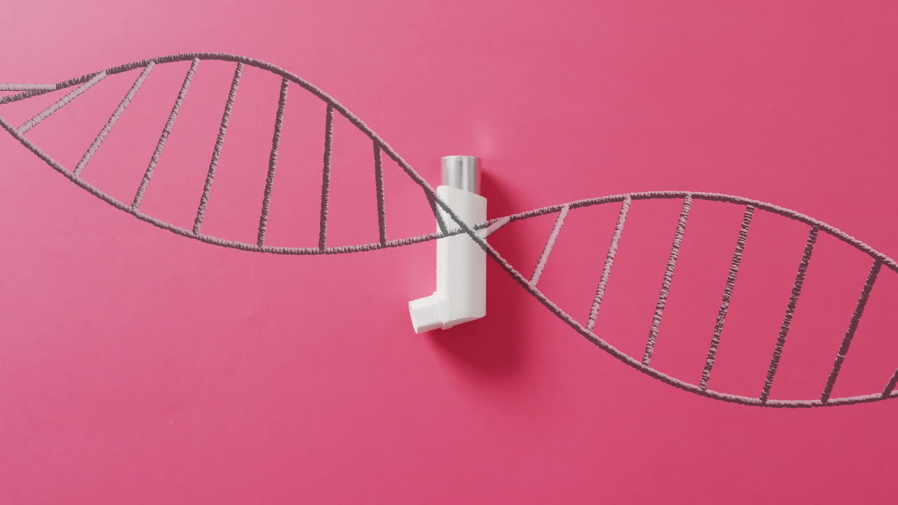 Inalatore posizionato all'interno di animazione di filamento di DNA su sfondo rosa.