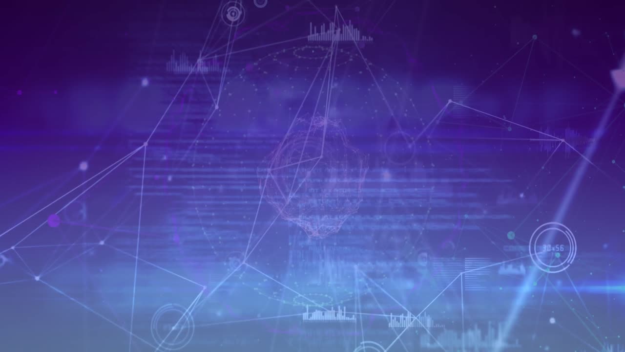 animaciones de la red de conexiones y procesamiento de datos en fondo azul y rosa