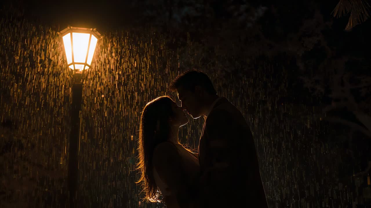 Lluvia incipiente, hombre alto inclinándose hacia mujer más baja, besándose bajo un farol, él de traje y ella de vestido.