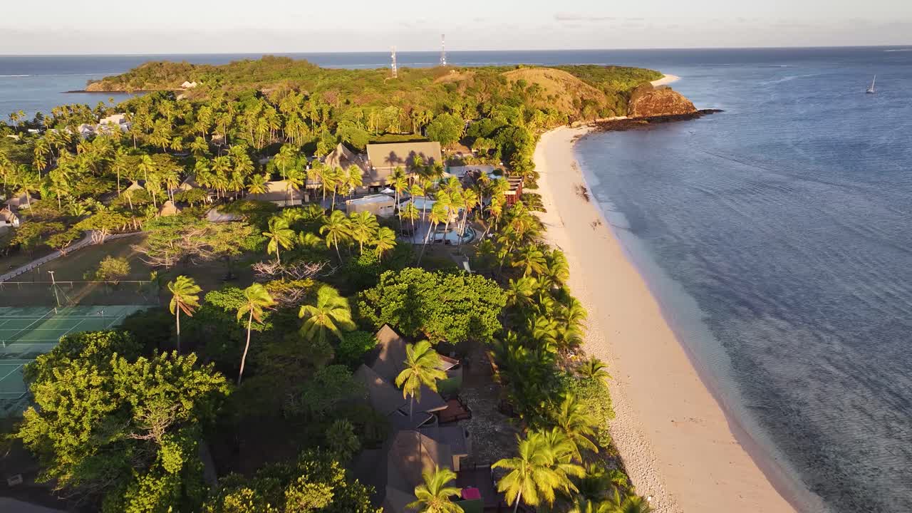 Palm Trees And White Sandy Beaches At Mana Island In Mamanuca Islands, Fiji. Aerial Drone Shot