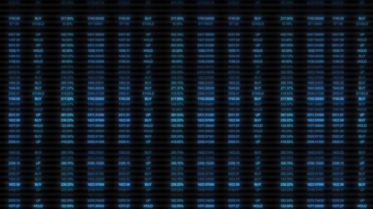 Trading dashboard financial table visual blue glowing rows market figures and dark business display