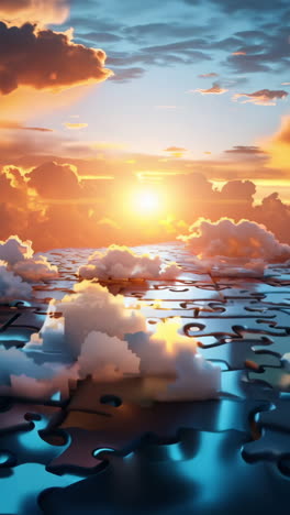 a puzzle of clouds with a sun in the middle. the sky is filled with clouds and the sun is shining through them