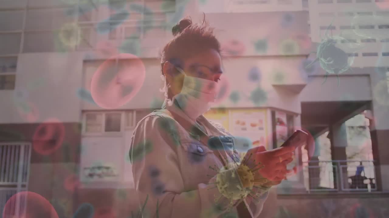 animación de células de covid-19 que se mueven sobre una mujer con máscara facial