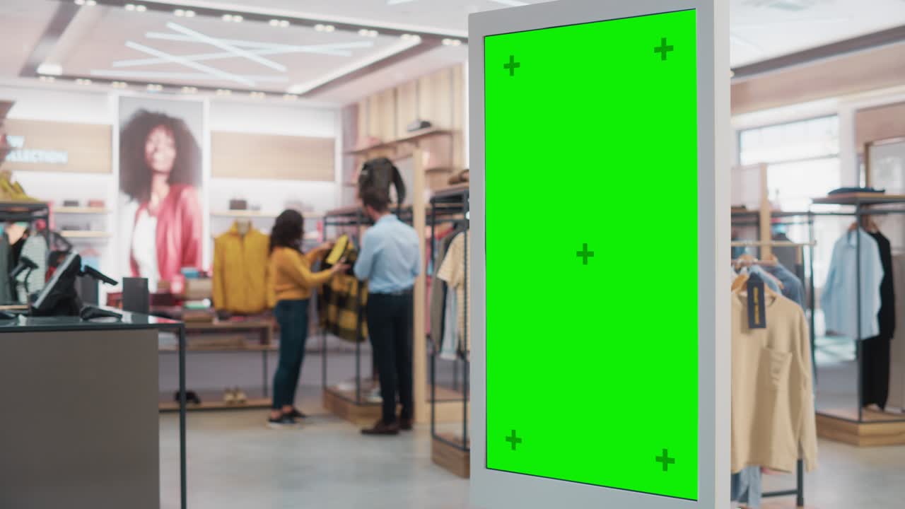 Customer Using Floor-Standing LCD Touch Display with Green Screen Chroma Key Mock Up while Shopping in Clothing Store. She is Checking for Information, Looking at a Floor Plan, Choosing Items Online.