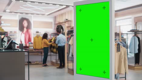 customer using floor-standing lcd touch display with green screen chroma key mock up while shopping in clothing store. she is checking for information, looking at a floor plan, choosing items online.