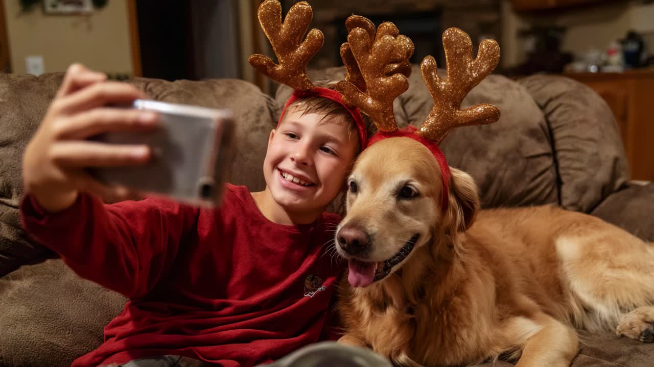 A Festive Moment: A Young Boy and His Loyal Golden Retriever Take a Cheerful Selfie Together While Wearing Adorable Reindeer Antlers in a Cozy Living Room Setting