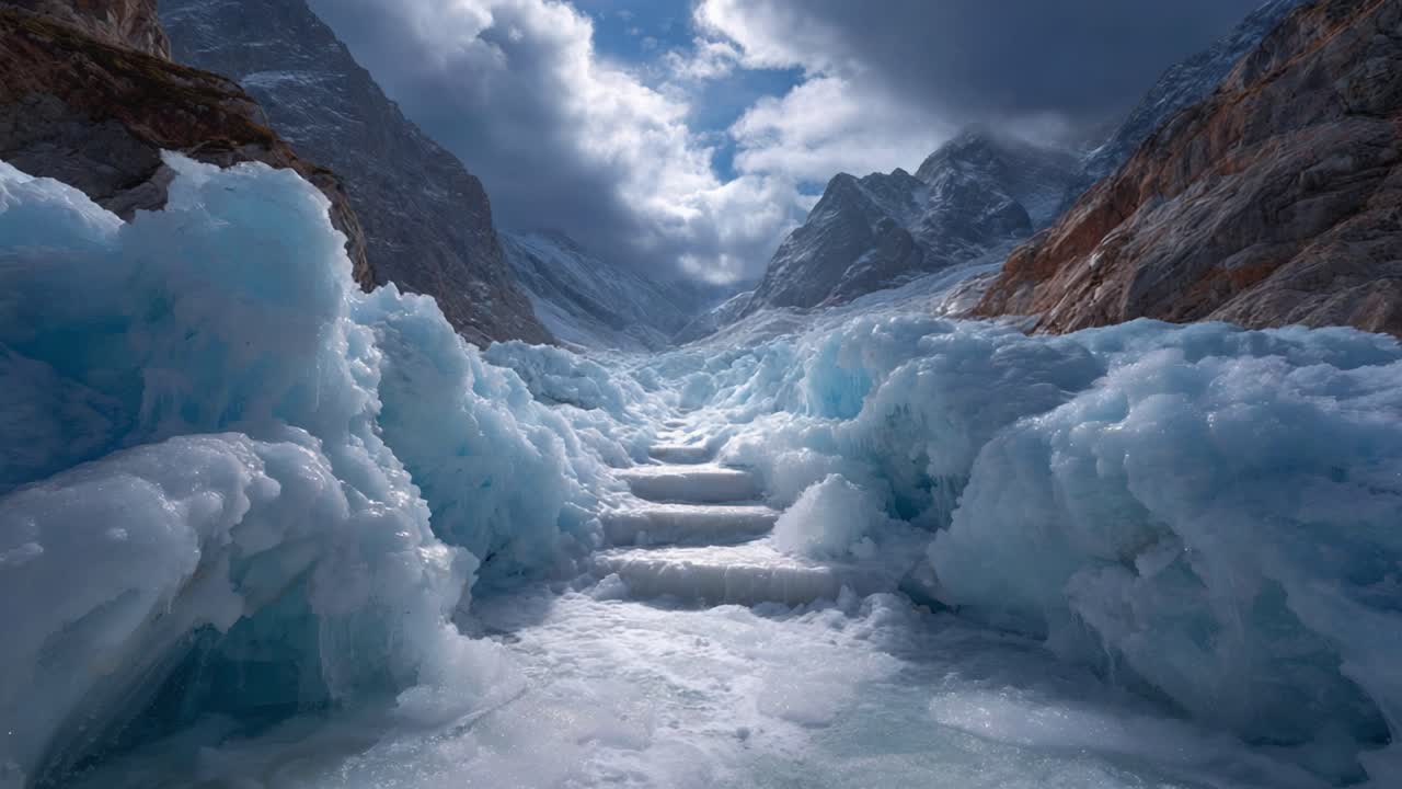 A Majestic Glacier Pathway Surrounded by Towering Ice Walls and Lush Mountains Beneath a Dramatic Sky Captured in Stunning Detail