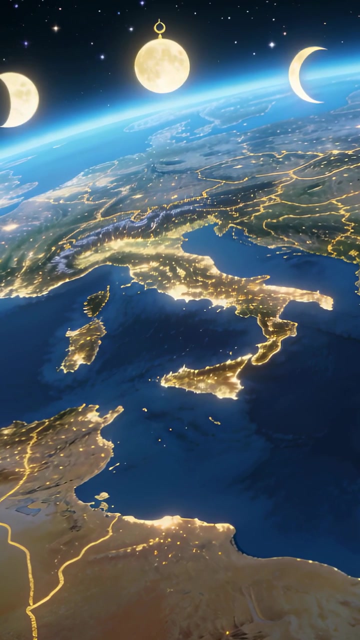 Video verticale: Telecamera che zooma rivelando le luci notturne delle città della penisola italiana, mostrando icone della luna.