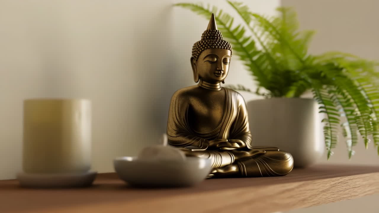 Buddha statue with fern and candle on shelf