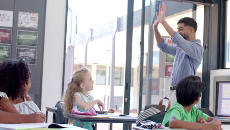 young asian man teaches in a vibrant classroom at school, with copy space